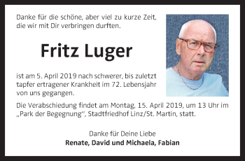 Traueranzeige von Fritz Luger von OÖNachrichten