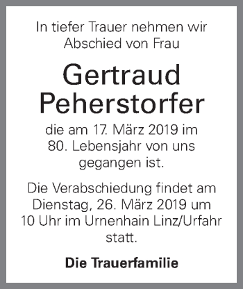 Traueranzeige von Gertraud Peherstorfer von OÖNachrichten
