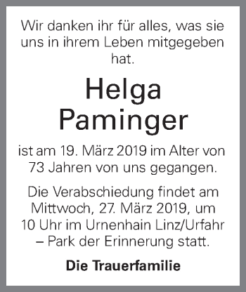 Traueranzeige von Helga Paminger von OÖNachrichten