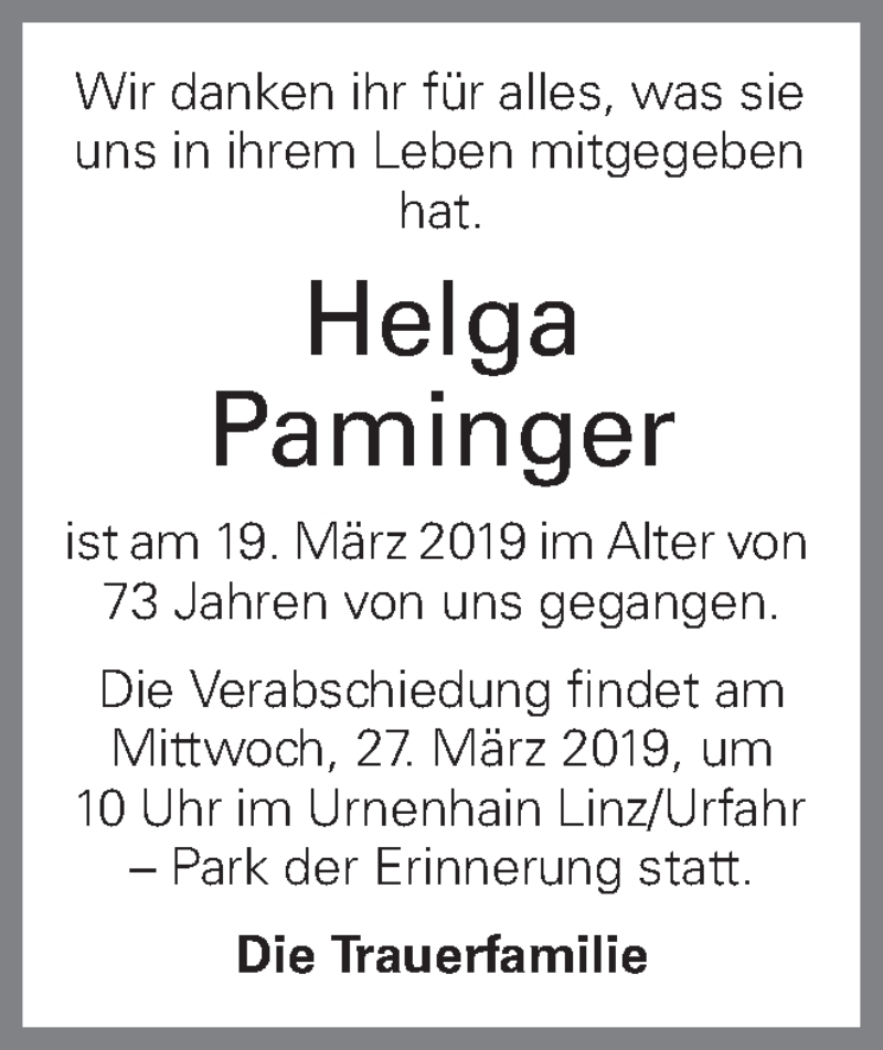  Traueranzeige für Helga Paminger vom 23.03.2019 aus OÖNachrichten