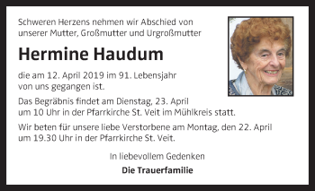 Traueranzeige von Hermine Haudum von OÖNachrichten