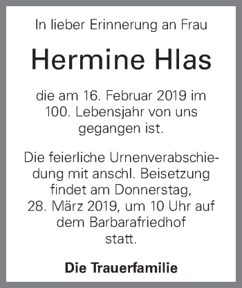 Traueranzeige von Hermine Hlas von OÖNachrichten