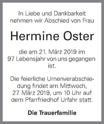 Traueranzeige von Hermine Oster von OÖNachrichten
