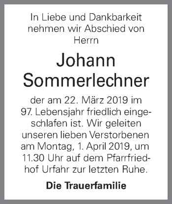 Traueranzeige von Johann Sommerlechner von OÖNachrichten