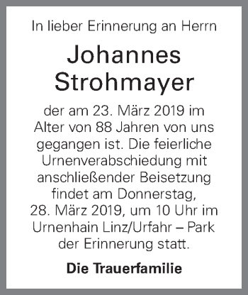 Traueranzeige von Johannes Strohmayer von OÖNachrichten