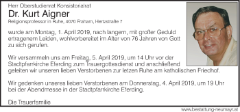 Traueranzeige von Kurt Aigner von OÖNachrichten