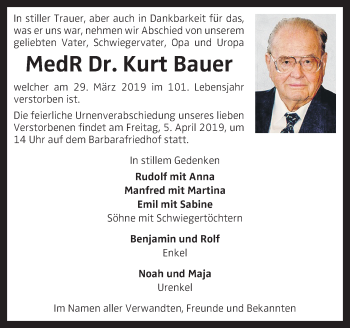 Traueranzeige von Kurt Bauer von OÖNachrichten