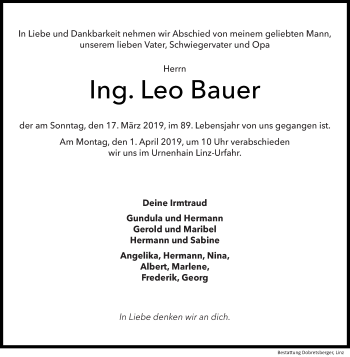 Traueranzeige von Leo Bauer von OÖNachrichten