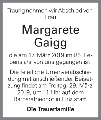 Traueranzeige von Margarete Gaigg von OÖNachrichten