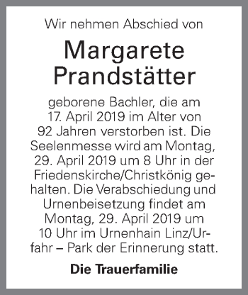 Traueranzeige von Margarete Prandstätter von OÖNachrichten