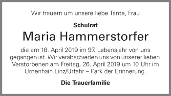 Traueranzeige von Maria Hammerstorfer von OÖNachrichten