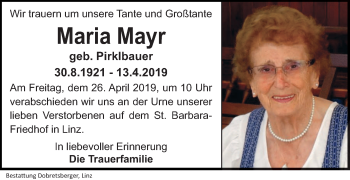 Traueranzeige von Maria Mayr von OÖNachrichten