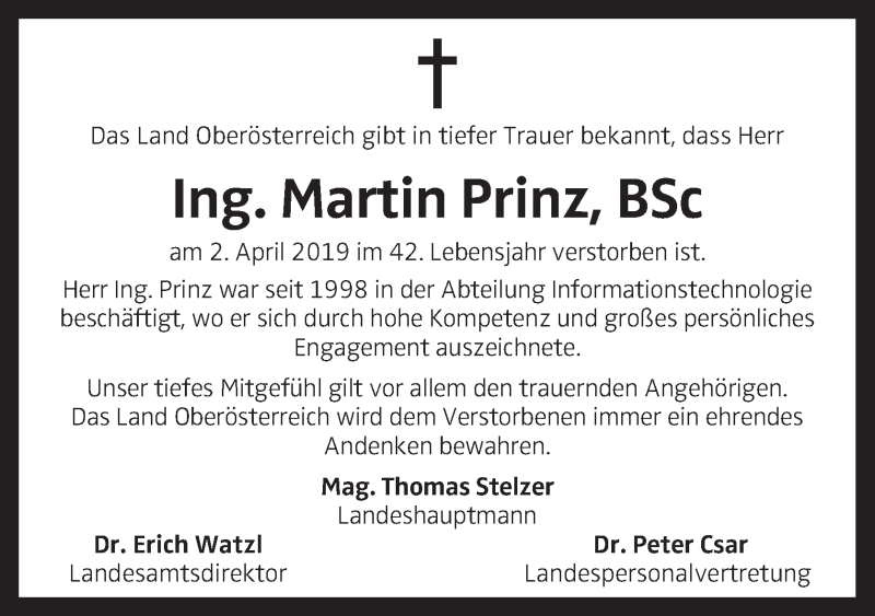  Traueranzeige für Martin Prinz vom 10.04.2019 aus Oberösterreichische Nachrichten