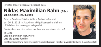 Traueranzeige von Niklas Maximilian Bahn von OÖNachrichten
