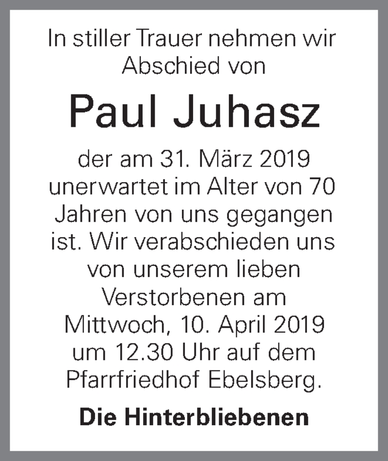  Traueranzeige für Paul Juhasz vom 04.04.2019 aus OÖNachrichten