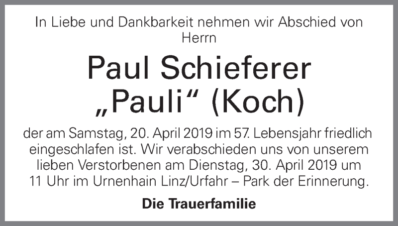  Traueranzeige für Paul Schieferer vom 26.04.2019 aus OÖNachrichten