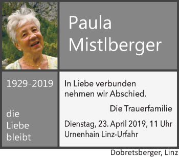 Traueranzeige von Paula Mistlberger von OÖNachrichten