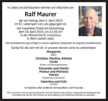 Traueranzeige von Ralf Maurer von OÖNachrichten