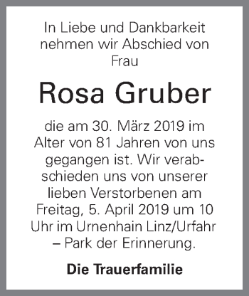Traueranzeige von Rosa Gruber von OÖNachrichten