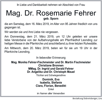 Traueranzeige von Rosemarie Fehrer von OÖNachrichten