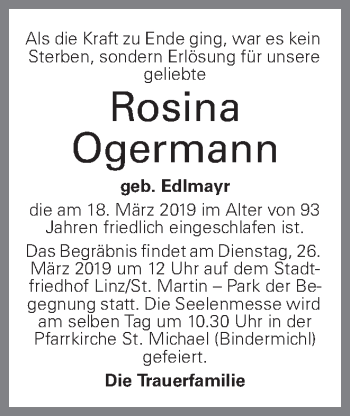 Traueranzeige von Rosina Ogermann von OÖNachrichten