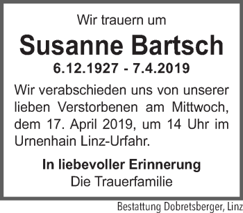 Traueranzeige von Susanne Bartsch von OÖNachrichten