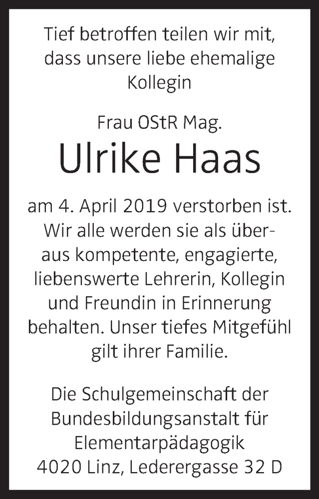  Traueranzeige für Ulrike Haas vom 13.04.2019 aus Oberösterreichische Nachrichten