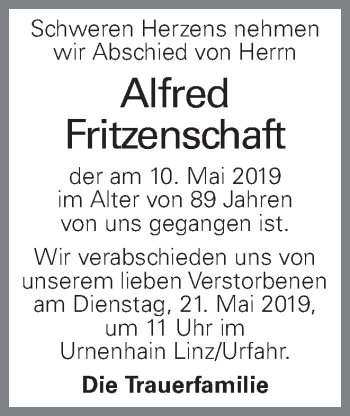 Traueranzeige von Alfred Fritzenschaft von OÖNachrichten