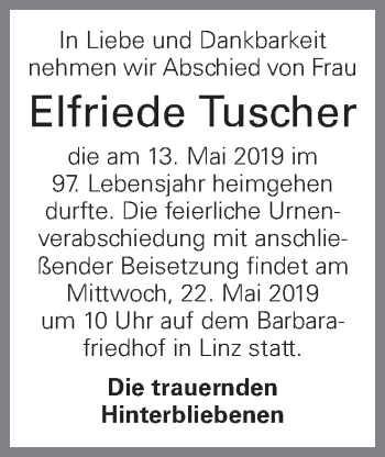 Traueranzeige von Elfriede Tuscher von OÖNachrichten