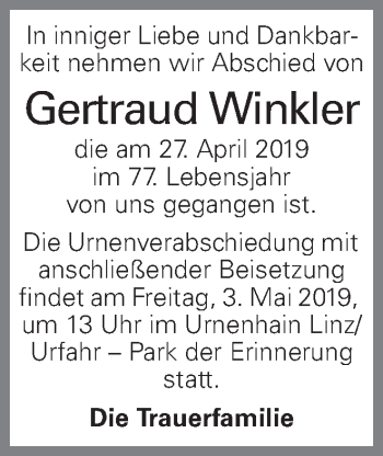 Traueranzeige von Gertraud Winkler von OÖNachrichten