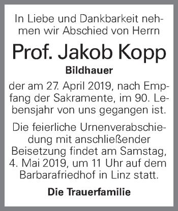 Traueranzeige von Jakob Kopp von OÖNachrichten