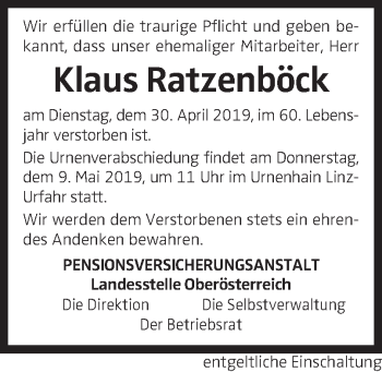 Traueranzeige von Klaus Ratzenböck von OÖNachrichten