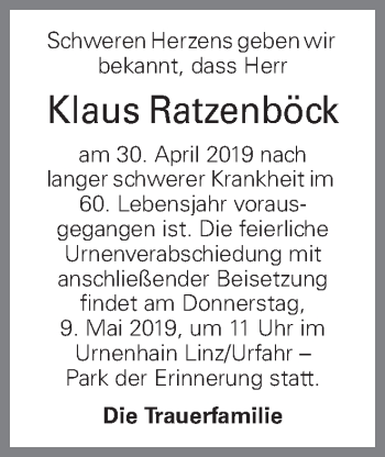 Traueranzeige von Klaus Ratzenböck von OÖNachrichten