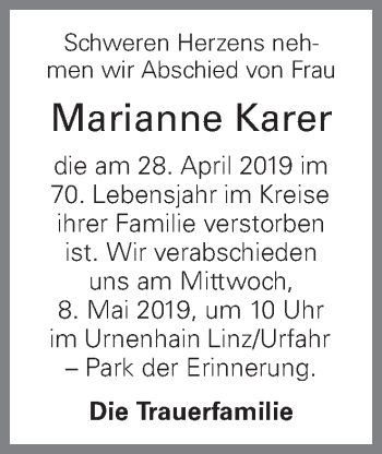Traueranzeige von Marianne Karer von OÖNachrichten