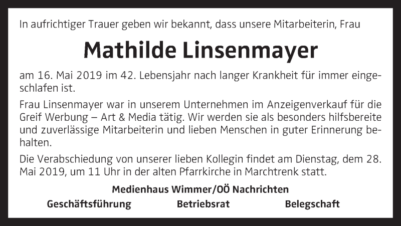  Traueranzeige für Mathilde Linsenmayer vom 25.05.2019 aus OÖNachrichten