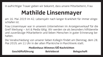 Traueranzeige von Mathilde Linsenmayer von OÖNachrichten