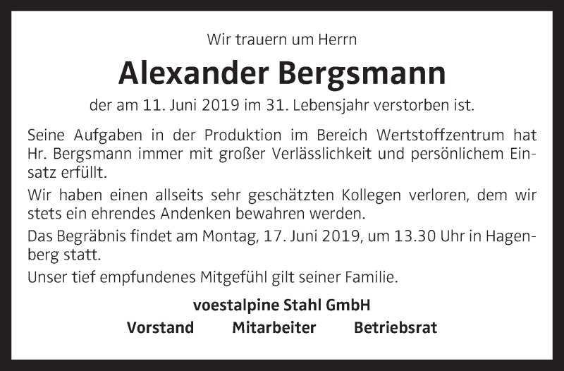  Traueranzeige für Alexander Bergsmann vom 15.06.2019 aus OÖNachrichten