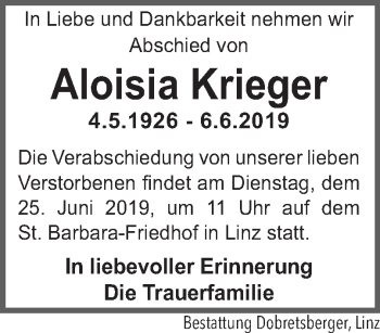 Traueranzeige von Aloisia Krieger von OÖNachrichten
