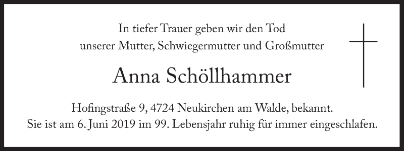  Traueranzeige für Anna Schöllhammer vom 15.06.2019 aus OÖNachrichten