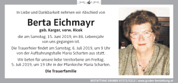 Traueranzeige von Berta Eichmayr von OÖNachrichten