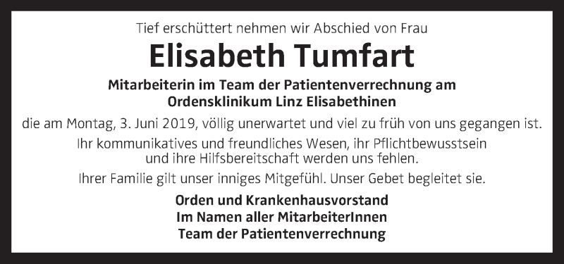  Traueranzeige für Elisabeth Tumfart vom 07.06.2019 aus OÖNachrichten
