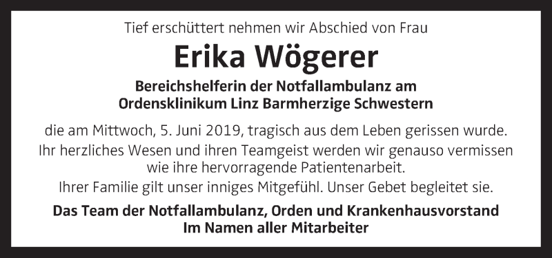  Traueranzeige für Erika Wögerer vom 07.06.2019 aus OÖNachrichten