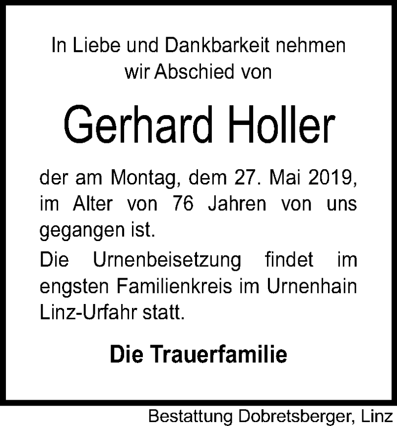  Traueranzeige für Gerhard Holler vom 08.06.2019 aus OÖNachrichten
