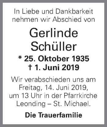 Traueranzeige von Gerlinde Schüller von OÖNachrichten