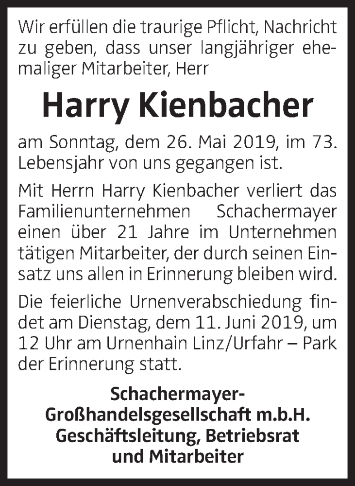  Traueranzeige für Harry Kienbacher vom 08.06.2019 aus OÖNachrichten