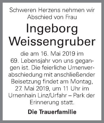 Traueranzeige von Ingeborg Weissengruber von OÖNachrichten