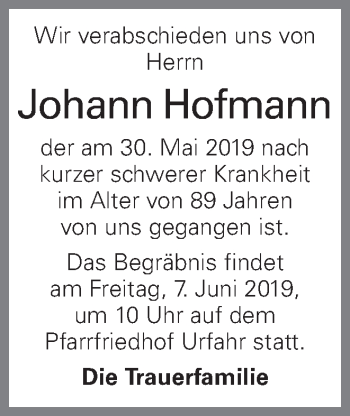 Traueranzeige von Johann Hofmann von OÖNachrichten