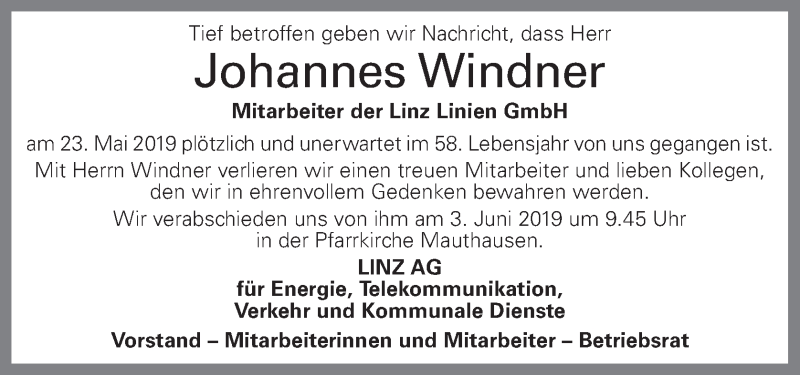 Traueranzeige für Johannes Windner vom 31.05.2019 aus OÖNachrichten