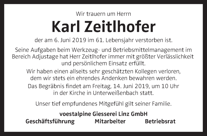  Traueranzeige für Karl Zeitlhofer vom 12.06.2019 aus OÖNachrichten