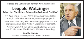 Traueranzeige von Leopold Watzinger von OÖNachrichten